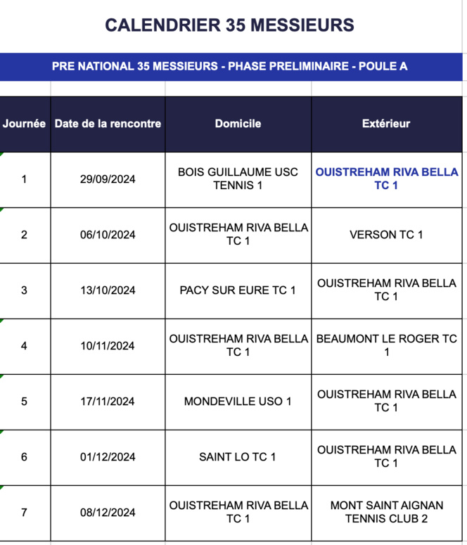 Calendrier des Matchs par équipes Senior Hiver 2024