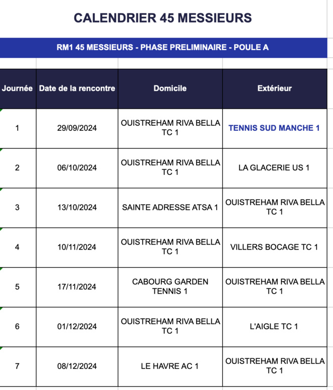 Calendrier des Matchs par équipes Senior Hiver 2024