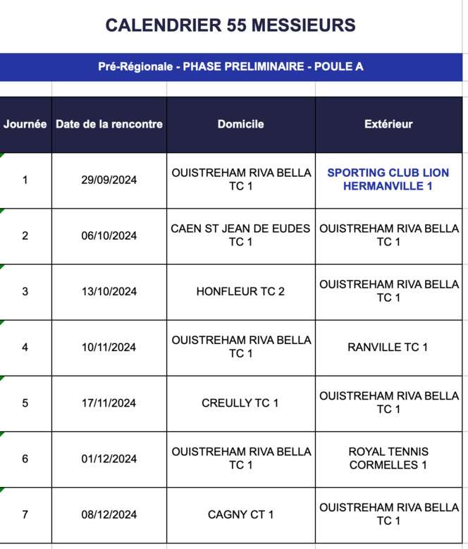 Calendrier des Matchs par équipes Senior Hiver 2024