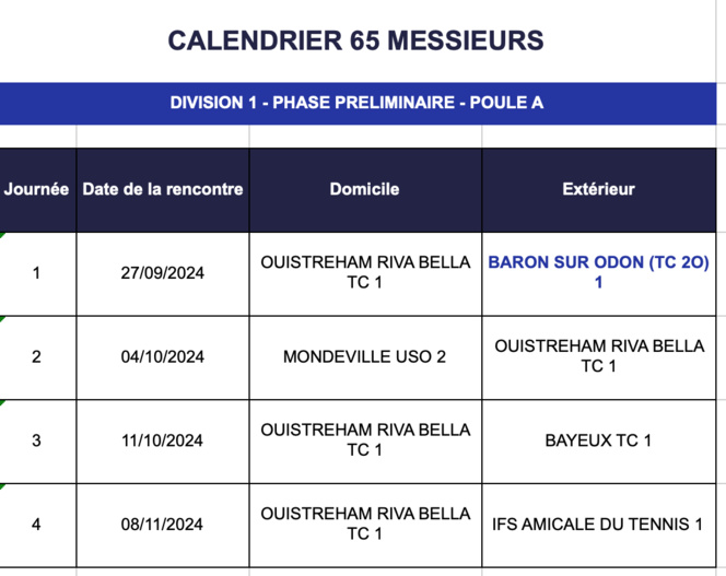 Calendrier des Matchs par équipes Senior Hiver 2024