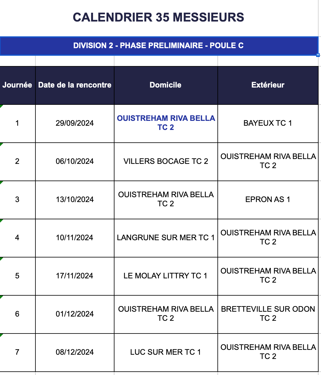 Calendrier des Matchs par équipes Senior Hiver 2024