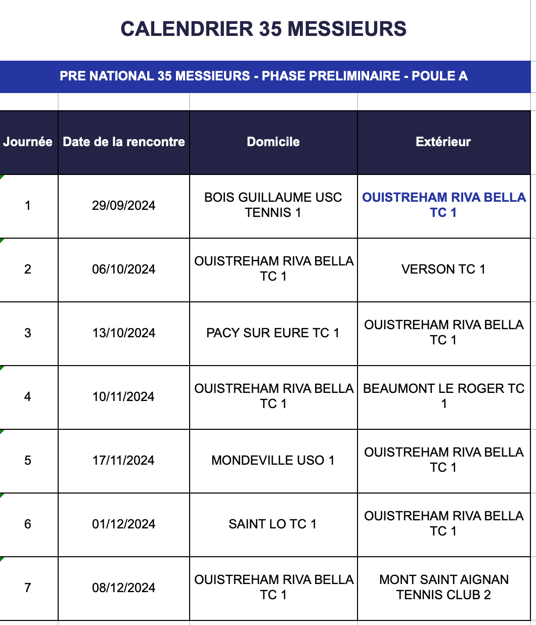 Calendrier des Matchs par équipes Senior Hiver 2024