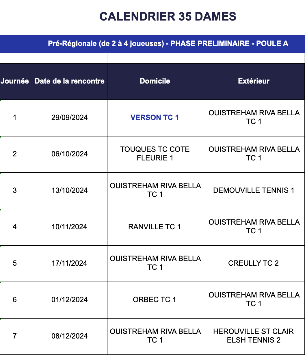 Calendrier des Matchs par équipes Senior Hiver 2024