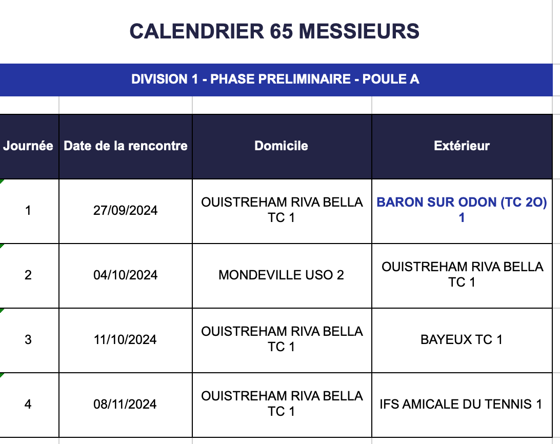 Calendrier des Matchs par équipes Senior Hiver 2024